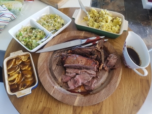 Clockwise from left: Swede a la boulangerie; spring cabbage with white wine and rosemary, creamed leeks, crushed potatoes with sage, red wine jus; and of course the star of the show, roast sirloin on the bone